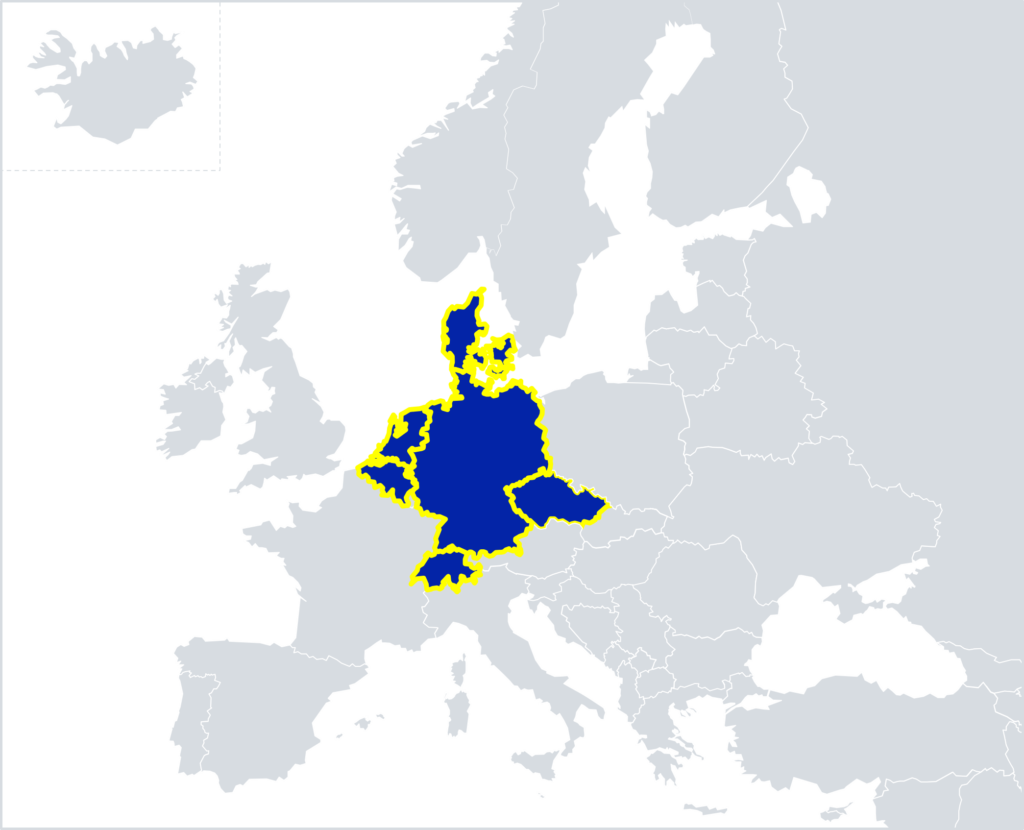 Europe map with highlighted countries of the current staff members